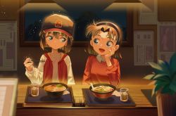 Rule 34 | 2girls, :d, baseball cap, black hairband, black headwear, blue eyes, blush, bowl, breasts, brown hair, chopsticks, closed mouth, collared shirt, commentary request, cup, drinking glass, eye contact, food, haibara ai, hairband, hand on own face, hand up, hat, highres, holding, holding chopsticks, ice, ice cube, indoors, jacket, looking at another, meitantei conan, mobu (wddtfy61), multiple girls, night, noodles, open clothes, open jacket, open mouth, ramen, red jacket, red sweater, shirt, small breasts, smile, spoon, sweater, tray, upper body, white shirt, yoshida ayumi