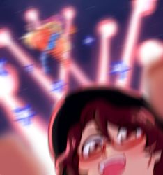 Rule 34 | 2girls, american flag dress, american flag legwear, big hair, black hat, blonde hair, blurry, blurry background, blurry foreground, blush, brown eyes, brown hair, claud (potetew), clownpiece, commentary, danmaku, english commentary, fedora, hat, holding, holding torch, jester cap, long hair, looking at viewer, low twintails, multiple girls, night, open mouth, pantyhose, polka dot, red-framed eyewear, round teeth, selfie, semi-rimless eyewear, smile, teeth, torch, touhou, twintails, under-rim eyewear, usami sumireko, very long hair