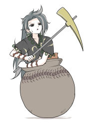 Rule 34 | 1girl, black shirt, bug, cauldron, centipede, getting over it, grey eyes, grey hair, highres, himemushi momoyo, holding, holding pickaxe, in cauldron, in pot, long hair, looking down, open mouth, peroponesosu., pickaxe, pot, shirt, short sleeves, simple background, solo, sweatdrop, touhou, v-shaped eyebrows, white background