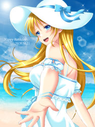 Rule 34 | 1girl, absurdres, artist request, ayase eli, bare shoulders, blonde hair, blue bow, blue eyes, blush, bow, breasts, cleavage, cloud, day, dress, female focus, hat, highres, long hair, looking at viewer, looking back, love live!, love live! school idol project, medium breasts, outdoors, parted lips, ponytail, reaching, reaching towards viewer, short hair, smile, solo, sun, sun hat, sundress, white dress, white hat, yuncho (yunchoooo20)