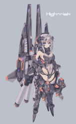 Rule 34 | armor, armored boots, blue eyes, boot, boots, breastplate, grey hair, high heel boots, high heels, magazine (weapon), magnetic weapon, mecha musume, mechanical wings, mk-5, navel, railgun, rocket, see-through, thigh strap, wings