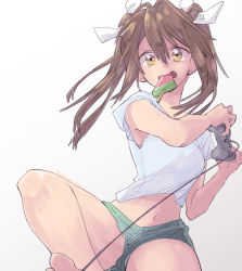 Rule 34 | 1girl, absurdres, barefoot, breasts, brown hair, fang, food, gamecube controller, green shorts, hair between eyes, hair ribbon, highres, kantai collection, long hair, medium breasts, midriff, mouth hold, navel, open mouth, playing games, popsicle, ribbon, shirt, short hair, short shorts, shorts, solo, tone (kancolle), twintails, watermelon bar, white ribbon, white shirt, yami (m31), yellow eyes