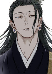 1boy black_hair brown_eyes commentary_request earrings getou_suguru japanese_clothes jewelry jujutsu_kaisen kimono long_hair looking_at_viewer male_focus nori20170709 parted_lips simple_background solo white_background