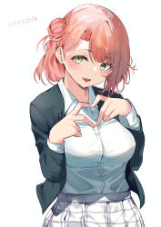 Rule 34 | 1girl, absurdres, arms up, black jacket, breasts, commentary request, cowboy shot, dress shirt, facing viewer, fang, green eyes, hair bun, hair ornament, hairpin, heart, heart hands, highres, jacket, large breasts, layered clothes, long sleeves, looking at viewer, love live!, love live! nijigasaki high school idol club, namazu (yamasonson), open mouth, pink hair, plaid, plaid skirt, school uniform, shirt, shirt tucked in, short hair, short sleeves, side bun, simple background, single hair bun, single side bun, skin fang, skirt, smile, solo, translation request, uehara ayumu, white background, white shirt, white skirt
