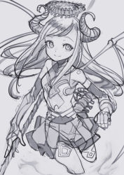 Rule 34 | 1girl, absurdres, bare shoulders, closed mouth, collarbone, covered collarbone, demon girl, demon horns, demon wings, elbow gloves, gloves, greyscale, halo, highres, holding, holding polearm, holding weapon, horns, izayoi cha, long hair, monochrome, original, polearm, skeletal wings, sketch, skirt, smile, solo, spine, tail, thighhighs, weapon, wings