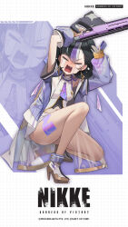 Rule 34 | 1girl, arms up, black hair, breasts, commentary, copyright name, crying, detached sleeves, english commentary, fang, goddess of victory: nikke, gun, high heels, highres, holding, holding gun, holding weapon, jacket, leg tattoo, long sleeves, medium hair, mole, mole under eye, multicolored hair, navel, nose bubble, official art, open clothes, open jacket, open mouth, purple hair, skirt, sleeves past wrists, small breasts, squatting, streaked hair, syuen (nikke), tattoo, thighs, v-shaped eyebrows, wavy mouth, weapon, white skirt, zoom layer