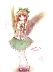 Rule 34 | 1girl, alternate hairstyle, arms behind back, bad id, bad pixiv id, bird wings, blush stickers, bow, braid, brown eyes, brown hair, character name, full body, hair bow, heart, kneehighs, mary janes, reiuji utsuho, shoes, simple background, skirt, smile, socks, solo, third eye, touhou, twin braids, typo, umi (srtm07), white background, wings