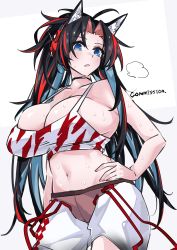Rule 34 | 1girl, absurdres, animal ears, arknights, black choker, black hair, blaze (arknights), blaze (burst feline) (arknights), blue eyes, blush, breasts, cat ears, choker, collarbone, commission, crop top, hand on own hip, headphones, highres, implied extra ears, long hair, medium breasts, multicolored hair, nail polish, navel, official alternate costume, open mouth, pink nails, red hair, shorts, simple background, solo, streaked hair, sweat, tank top, white background, white shorts, white tank top, yuteka (yute nut)