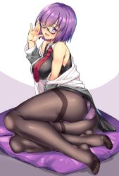 Rule 34 | 1girl, adjusting eyewear, ass, black pantyhose, breasts, collared vest, cushion, fate/grand order, fate (series), feet, glasses, grey jacket, grey vest, hair over one eye, highres, jacket, large breasts, looking at viewer, lying, mash kyrielight, necktie, no shoes, off shoulder, on side, open mouth, panties, pantyhose, pink hair, pink panties, purple eyes, red necktie, shirokuma a, short hair, solo, thighband pantyhose, underwear, vest, white background