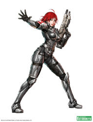 Rule 34 | 10s, 1girl, 2012, ahoge, armor, battle rifle, bodysuit, breasts, commander shepard, commander shepard (female), full body, gloves, green eyes, gun, highres, long hair, mass effect (series), mass effect 3, outstretched hand, red hair, rifle, simple background, solo, weapon, white background, yamashita shun&#039;ya