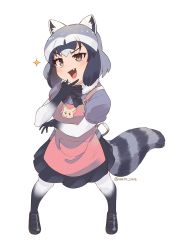 Rule 34 | 1girl, alternate costume, animal ears, apron, blue hair, blush, bow, bowtie, commentary request, common raccoon (kemono friends), dark blue hair, elbow gloves, fang, fox ears, fur collar, gloves, grey hair, highres, kemono friends, loafers, multicolored hair, nakta came, open mouth, pantyhose, pink apron, pleated skirt, puffy short sleeves, puffy sleeves, raccoon ears, raccoon tail, shoes, short hair, short sleeves, signature, skirt, solo, star (symbol), tail