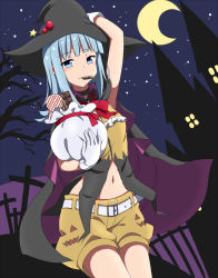 Rule 34 | 10s, 1girl, alternate costume, arm up, bag, belt, black cape, blue hair, cape, choker, crescent moon, eating, gloves, halloween, hand on headwear, hat, hatsukaze (kancolle), holding, holding bag, kantai collection, long hair, moon, mouth hold, multicolored cape, multicolored clothes, navel, night, night sky, purple cape, sack, shorts, sky, solo, star (symbol), toho-77, white gloves, witch hat