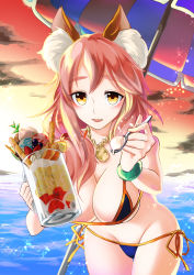 Rule 34 | 10s, 1girl, animal ears, annojou haruto, bikini, blue bikini, breasts, cleavage, fate/extra, fate/grand order, fate (series), food, fox ears, groin, highres, ice, jewelry, large breasts, necklace, open mouth, pink hair, solo, swimsuit, tamamo (fate), tamamo no mae (fate/extra), tamamo no mae (swimsuit lancer) (fate), yellow eyes