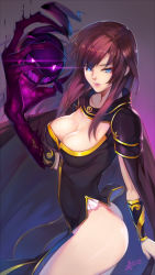 Rule 34 | 1girl, ass, black dress, blue eyes, breasts, brown hair, cape, claws, cleavage, crusaders quest, dated, dress, glowing, highres, large breasts, long hair, looking at viewer, melissa (crusaders quest), no bra, no panties, side slit, solo, squidsmith, teeth