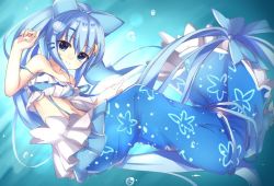 Rule 34 | 1girl, bandeau, bare shoulders, blue background, blue bow, blue eyes, blue hair, blue skirt, blue theme, bow, closed mouth, commentary, commentary request, flower knight girl, frills, full body, hair bow, hair ornament, long hair, looking at viewer, nerine (flower knight girl), ponytail, shell, skirt, smile, smileltha, solo