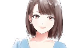 Rule 34 | 1girl, brown eyes, brown hair, collarbone, earrings, flower earrings, jewelry, jpeg artifacts, light smile, lips, looking at viewer, morinaga miki, original, parted lips, portrait, short hair, simple background, solo, white background