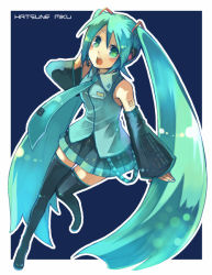 Rule 34 | aqua necktie, blouse, blue background, blue shirt, character name, detached sleeves, full body, hanokage, hatsune miku, long hair, necktie, outline, shirt, sleeveless, sleeveless shirt, solo, thighhighs, twintails, very long hair, vocaloid, white outline