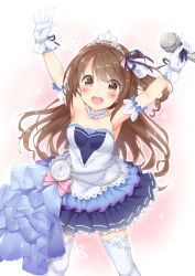 Rule 34 | 1girl, :d, absurdres, armpits, arms up, bead bracelet, beads, blue ribbon, blue skirt, blush, bow, bracelet, breasts, brown eyes, brown hair, choker, collarbone, commentary request, curly hair, dress, floral background, frilled choker, frilled dress, frills, gloves, gradient background, hair ribbon, highres, holding, holding microphone, idolmaster, idolmaster cinderella girls, idolmaster cinderella girls starlight stage, jewelry, kuro gogolions, legs apart, long hair, looking at viewer, medium breasts, microphone, miniskirt, one side up, open mouth, pink background, pink bow, pocket watch, ribbon, shimamura uzuki, sidelocks, simple background, skirt, smile, solo, standing, starry sky bright, strapless, strapless dress, tareme, teeth, thighhighs, tiara, watch, white dress, white gloves, white thighhighs, zettai ryouiki