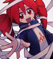 Rule 34 | 1girl, bandages, black jacket, commentary request, drill hair, eyebrows hidden by hair, jacket, kasane teto, long sleeves, luodi liangdiao, open clothes, open jacket, open mouth, red eyes, red hair, shirt, simple background, smile, solo, synthesizer v, twin drills, ultra trailer (synthesizer v), upper body, utau, white background, white shirt
