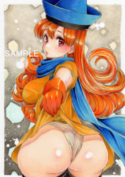 Rule 34 | 1girl, alena (dq4), ass, blush, breasts, cape, clothes lift, clothes pull, colored pencil (medium), curly hair, dragon quest, dragon quest iv, dress, dress lift, earrings, gloves, hat, jewelry, lifting own clothes, long hair, looking at viewer, looking back, marker (medium), orange hair, painting (medium), panties, pantyhose, red eyes, solo, square enix, traditional media, underwear, watercolor (medium), wedgie, yoshidapeso