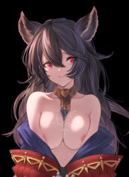 Rule 34 | 1girl, absurdres, betabeet, black background, black hair, breasts, closed mouth, collarbone, cum, cum on body, cum on breasts, cum on upper body, erune, granblue fantasy, hair between eyes, highres, jacket, jewelry, large breasts, long hair, long sleeves, looking at viewer, neck ring, nier (granblue fantasy), nipples, off shoulder, open clothes, open jacket, red eyes, simple background, solo