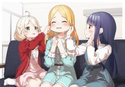 Rule 34 | 3girls, :o, blonde hair, blouse, blue dress, blush, cheek pull, closed eyes, collared dress, commentary request, couch, dress, flower, forehead, frilled legwear, green eyes, hair flower, hair ornament, hair over shoulder, highres, idolmaster, idolmaster cinderella girls, indoors, jacket, long hair, long sleeves, low twintails, mochizuki hijiri, multiple girls, no shoes, on couch, open clothes, open jacket, parted bangs, parted lips, pink skirt, profile, puffy long sleeves, puffy sleeves, purple hair, red eyes, red flower, red jacket, sajo yukimi, shirt, skirt, sleeveless, sleeveless dress, socks, twintails, very long hair, white shirt, yukie (kusaka shi), yusa kozue