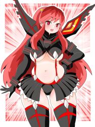 Rule 34 | 1boy, 1girl, alien, black thighhighs, breasts, cone horns, cosplay, cowboy shot, curvy, elbow gloves, fang, garter straps, gloves, gluteal fold, hand on own hip, highres, horns, kill la kill, life fiber, living clothes, long hair, looking at viewer, lum, matoi ryuuko, matoi ryuuko (cosplay), medium breasts, microskirt, midriff, multicolored hair, navel, oni, plump, pointy ears, red background, red eyes, red hair, revealing clothes, senketsu, showgirl skirt, skirt, star (symbol), starry background, thick thighs, thighhighs, thighs, toyishiki shizuoka, underboob, urusei yatsura