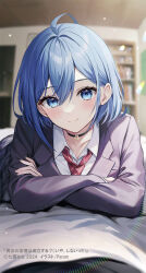 1girl artist_name bed_sheet black_choker blue_eyes blue_hair blurry blurry_background blush choker closed_mouth collarbone collared_shirt commentary_request copyright_name copyright_notice cover cover_page crossed_arms danjo_no_yuujou_wa_seiritsu_suru? depth_of_field diagonal-striped_clothes diagonal-striped_necktie hair_between_eyes head_tilt highres indoors inuzuka_himari jacket looking_at_viewer lying necktie novel_cover novel_illustration official_art on_bed on_stomach parum39 plaid_clothes plaid_skirt purple_jacket red_necktie school_uniform second-party_source shelf shirt short_hair skirt smile solo striped_clothes textless_version white_shirt wing_collar