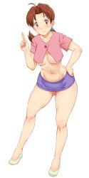 Rule 34 | 1girl, breasts, brown eyes, brown hair, cleavage, creatures (company), crop top, delia ketchum, full body, game freak, gluteal fold, large breasts, legs, long hair, mature female, midriff, miniskirt, navel, nintendo, no bra, open clothes, open shirt, pokemon, ponytail, shikuta maru, shirt, shoes, simple background, skirt, solo, standing, thighs, underboob, white background