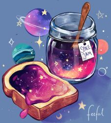 Rule 34 | blue background, bread, bread slice, commentary, constellation, crescent moon, english commentary, feefal, food, food focus, highres, jam, jar, label, moon, neptune (planet), no humans, original, planet, shadow, signature, star (sky), star (symbol), toast, wooden spoon