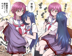 Rule 34 | 2girls, blue hair, carrying, cellphone, closed eyes, commentary request, glasses, hair between eyes, hand on another&#039;s head, holding, holding phone, long hair, looking at another, multiple girls, nakahira guy, original, phone, pink hair, princess carry, purple skirt, red neckwear, sailor collar, school uniform, serafuku, shipping (fandom), short hair, short sleeves, sitting, skirt, speech bubble, translation request, white sailor collar, yuri