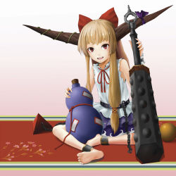 Rule 34 | 1girl, ankle cuffs, ankleband, anklet, barefoot, blonde hair, bow, chain, club, club (weapon), cube, feet, female focus, gourd, hair bow, higenagi, horns, ibuki suika, indoors, jewelry, kanabou, looking at viewer, open mouth, orange hair, orb, poorly drawn, pyramid (structure), red eyes, shirt, sitting, sleeveless, sleeveless shirt, soles, solo, tetrahedron, touhou, weapon, wrist cuffs