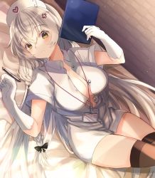 Rule 34 | 1girl, azur lane, bad id, bad pixiv id, bed, braid, breasts, center opening, cleavage, cross hair ornament, dress, from above, gloves, hair ornament, hat, hermione (azur lane), hermione (pure white angel) (azur lane), hospital bed, id card, lanyard, large breasts, long hair, looking at viewer, low tied hair, lying, nurse, nurse cap, on back, partially unbuttoned, pen, shibaebi (yasaip game), short dress, short sleeves, solo, thighhighs, twin braids, very long hair, white dress, white gloves, white hair, yellow eyes