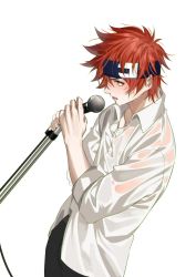 Rule 34 | 1boy, dhfz181, highres, holding, holding microphone, kyan reki, long sleeves, male focus, microphone, red hair, see-through, see-through shirt, shirt, short hair, simple background, sk8 the infinity, wet, white background, white shirt, yellow eyes