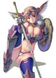 Rule 34 | 1girl, armor, bandaid, bandaid on face, bikini armor, blue eyes, blue thighhighs, breasts, brown hair, cleavage, commentary request, female focus, gauntlets, gluteal fold, green eyes, head wings, highres, holding, holding sword, holding weapon, invisible chair, kouno (masao), large breasts, leg up, looking at viewer, medium hair, navel, original, pauldrons, reverse grip, revision, shield, shoulder armor, single pauldron, sitting, solo, sword, thighhighs, thighs, tiara, weapon, wings