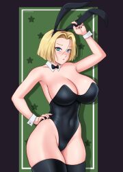 Rule 34 | absurdres, android 18, animal ears, black bow, black bowtie, black leotard, black nails, black thighhighs, blonde hair, blue eyes, bob cut, bow, bowtie, breasts, cleavage, covered navel, cowboy shot, detached collar, dragon ball, dragon ball (classic), dragonball z, fake animal ears, green background, gummslime, hand on own hip, highres, large breasts, leotard, nail polish, playboy bunny, rabbit ears, short hair, star (symbol), starry background, strapless, strapless leotard, thighhighs, wrist cuffs