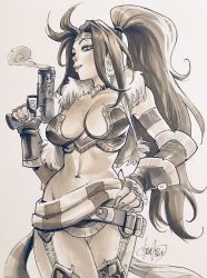 Rule 34 | 1girl, armband, battle chasers, breasts, choker, cleavage, earrings, elbow gloves, fingerless gloves, gloves, gun, headband, highres, jewelry, large breasts, long hair, midriff, navel, ponytail, red monika, revealing clothes, tagme, weapon