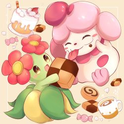 Rule 34 | :d, bellossom, blush stickers, brown eyes, cake, candy, candy wrapper, checkerboard cookie, closed eyes, commentary request, cookie, cream, creatures (company), cup, food, food on face, game freak, gen 2 pokemon, gen 6 pokemon, goma (nabepa nabepa), highres, holding, liquid, mug, nintendo, open mouth, pokemon, pokemon (creature), slurpuff, smile, swiss roll, tongue, tongue out, wrapped candy