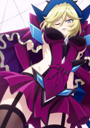 Rule 34 | 1girl, aged up, black thighhighs, blonde hair, blue eyes, breasts, carol malus dienheim, clothing cutout, elbow gloves, garter straps, gloves, highres, large breasts, looking at viewer, looking down, miona yui, mole, mole under eye, one eye closed, open mouth, purple gloves, senki zesshou symphogear, shiny skin, short hair, side cutout, sideless outfit, skirt, smile, solo, standing, thighhighs