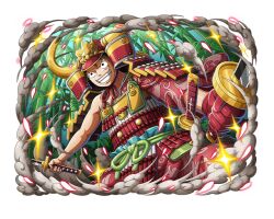 Rule 34 | 1boy, armor, bamboo, bamboo forest, dual wielding, forest, grin, helmet, holding, holding sword, holding weapon, japanese armor, katana, monkey d. luffy, nature, official art, one piece, one piece treasure cruise, smile, sword, teeth, weapon