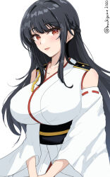 Rule 34 | 1girl, black hair, blush, breasts, chamumi (mochiumee), detached sleeves, fusou (kancolle), japanese clothes, kantai collection, large breasts, long hair, looking at viewer, nontraditional miko, obi, one-hour drawing challenge, open mouth, red eyes, sash, simple background, smile, solo, twitter username, upper body, white background