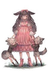 Rule 34 | 1girl, 2boys, animal ears, artist name, bandages, bandage over one eye, black footwear, black legwear, blush, bow, brown hair, child, closed mouth, dress, eyepatch, fox boy, fox tail, grass, green eyes, grey hair, hair bow, holding hands, high heels, highres, holding, long hair, looking at another, multiple boys, open mouth, original, pan (pan 417), pink bow, pink dress, pink footwear, shorts, siblings, signature, simple background, smile, socks, standing, tail, teeth, twins, white background, white legwear, white shorts
