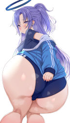 Rule 34 | 1girl, absurdres, ariso kaoru, ass, blue archive, blush, breasts, buruma, cameltoe, halo, highres, huge ass, jacket, long hair, long sleeves, looking at viewer, looking back, open clothes, open jacket, purple eyes, purple hair, shirt, short sleeves, simple background, solo, steam, white background, yuuka (blue archive), yuuka (track) (blue archive)