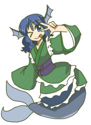 Rule 34 | 1girl, blue eyes, blue hair, female focus, fins, head fins, japanese clothes, long sleeves, matching hair/eyes, mermaid, monster girl, obi, one eye closed, sash, short hair, sleeves past wrists, solo, tongue, tongue out, touhou, wakasagihime, white background, wink, zassou maruko