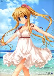 Rule 34 | 00s, 1girl, :d, absurdres, air (visual novel), beach, blonde hair, blue eyes, breasts, camisole, casual, cleavage, dress, highres, hinoue itaru, huge filesize, kamio misuzu, long hair, looking at viewer, medium breasts, official art, open mouth, outstretched arms, ponytail, smile, solo, spread arms, sundress, very long hair, white dress