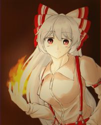 Rule 34 | 1girl, absurdres, blush, bow, breasts, brown background, brown shirt, buttons, closed mouth, collarbone, collared shirt, commentary request, fire, fujiwara no mokou, grey bow, grey hair, hair between eyes, hair bow, hand in pocket, hand up, highres, juliet sleeves, light, long hair, long sleeves, looking away, medium breasts, multicolored bow, pants, puffy long sleeves, puffy sleeves, red bow, red eyes, red pants, retora 26, shirt, simple background, solo, suspenders, touhou