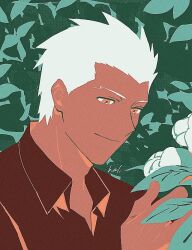 Rule 34 | 1boy, archer (fate), brown eyes, brown shirt, closed mouth, collared shirt, fate/stay night, fate (series), flower, green background, hal (haaaalhal), highres, jaggy lines, looking at flowers, male focus, muted color, outdoors, shirt, short hair, signature, smile, solo, upper body, white flower, white hair