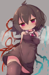 Rule 34 | 1girl, absurdres, ahoge, arms behind back, asymmetrical wings, black dress, black hair, black thighhighs, blue wings, blush, breasts, chii (tsumami tsumamare), cowboy shot, dress, grey background, highres, houjuu nue, looking at viewer, pink eyes, red wings, short hair, simple background, sleeveless, sleeveless dress, solo, standing, sweat, thighhighs, touhou, wings