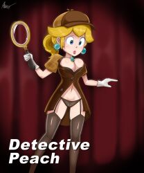 Rule 34 | ananakawaii, blonde hair, blue eyes, blush, detective, detective peach, earrings, eyelashes, hat, highres, jewelry, lips, lipstick, magnifying glass, makeup, mario (series), navel, nintendo, open clothes, panties, pink lips, princess peach, princess peach: showtime!, self-upload, sword, thighhighs, underwear, weapon