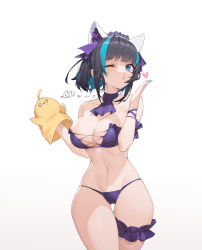 Rule 34 | 1girl, absurdres, animal ears, aqua eyes, aqua nails, arm strap, azur lane, bare shoulders, bikini, blowing kiss, blue eyes, blunt bangs, breasts, cheshire (azur lane), cheshire (summery date!) (azur lane), choker, cleavage, collarbone, commentary, dated, fake animal ears, frilled hairband, frills, grey hair, groin, hairband, hand puppet, hands up, heart, highres, large breasts, looking at viewer, manjuu (azur lane), midriff, multicolored hair, nail polish, navel, official alternate costume, one eye closed, puckered lips, puppet, purple bikini, purple choker, ribbon, short hair, sidelocks, simple background, skindentation, solo, standing, strapless, strapless bikini, streaked hair, swimsuit, tangdouji (machine), thigh gap, thigh strap, white background
